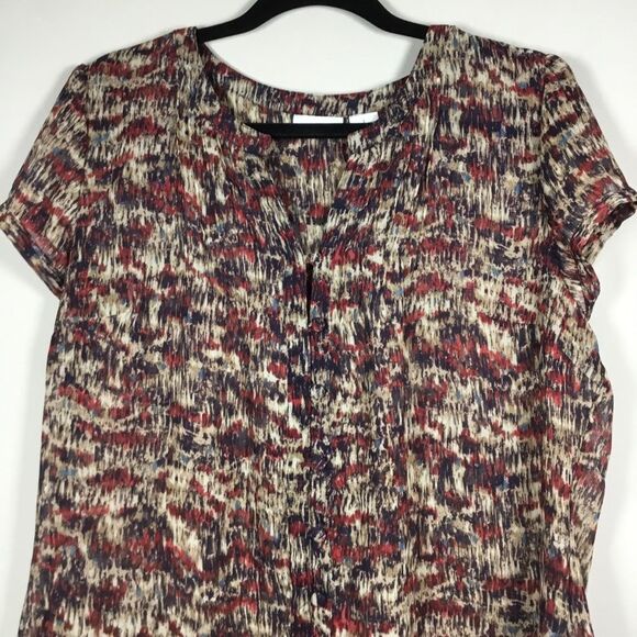 Red blue cream semi sheer short sleeve top with fabric covered buttons sz L - Picture 2 of 8